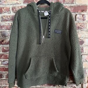 💚 PINK Victoria’s Secret Sherpa Half-Zip Hoodie — Olive Green — XS 💚
